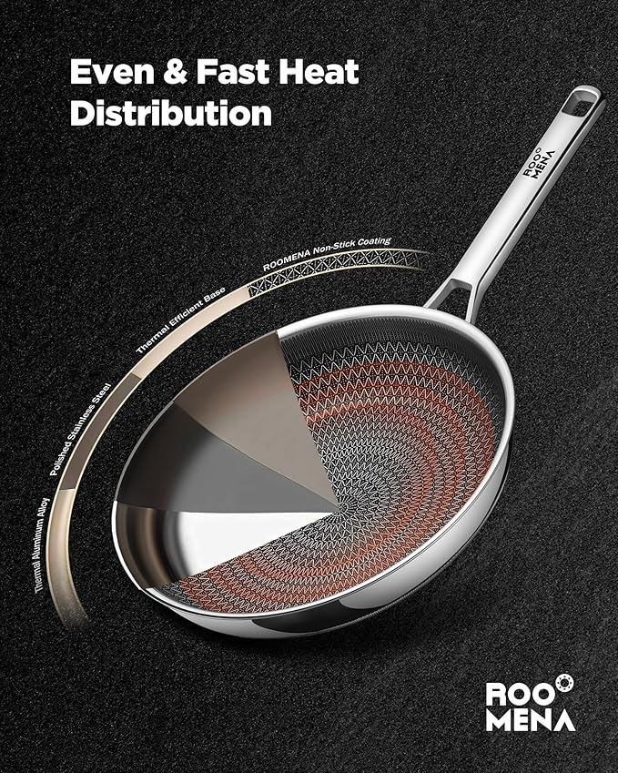 Non Stick Frying Pans Hybrid Ceramic, 12 Inch Tri-Ply Stainless Steel Skillet, Non-Toxic, PFAS/PFOA/PTFE Free, Metal Utensil Safe, Dishwasher & Oven Safe, Induction Compatible