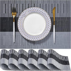 LEXMORE PVC Woven Placemats 6 PCS Wipeable Indoor/Outdoor Table Mats Washable Vinyl Place Mats for Dining Table, Set of 6-Silver Gray Black