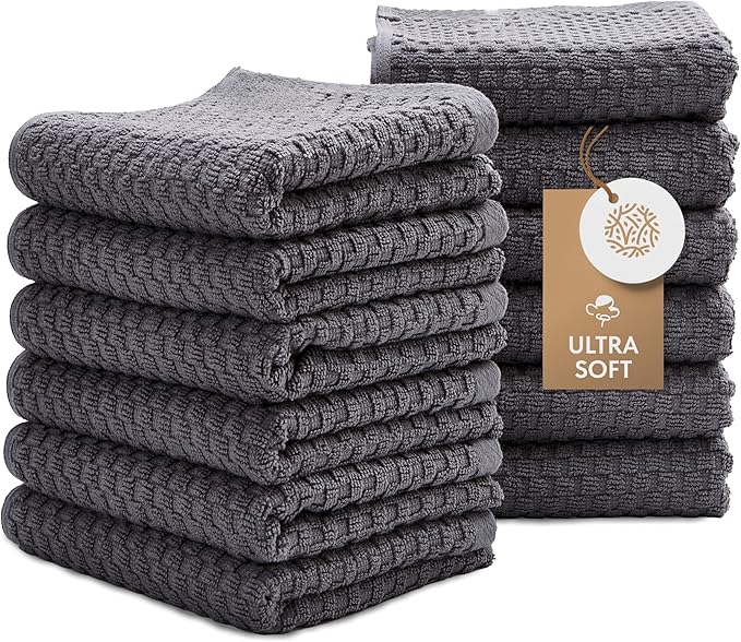 Super Absorbent Kitchen Towels 12 Pack - Premium 100% Cotton Kitchen Towels, 450GSM Thick Machine Washable Gray Dish Towels for Kitchen Drying, Cleaning, Dobby Weave, Unmatched Quality