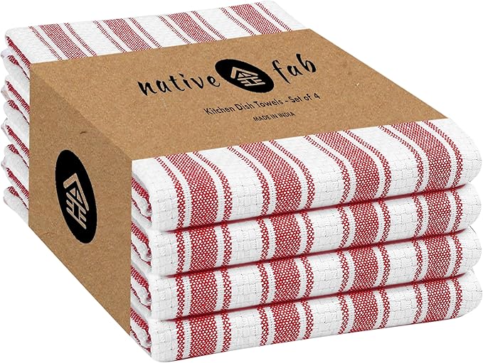Native Fab 100% Cotton Red Kitchen Towels - 16x26 inches - Set of 4 - Basket Weave Stripe Dish Towels for Cleaning, Drying Dishes, Absorbent Dish Cloths Set with Hanging Loop - Red White