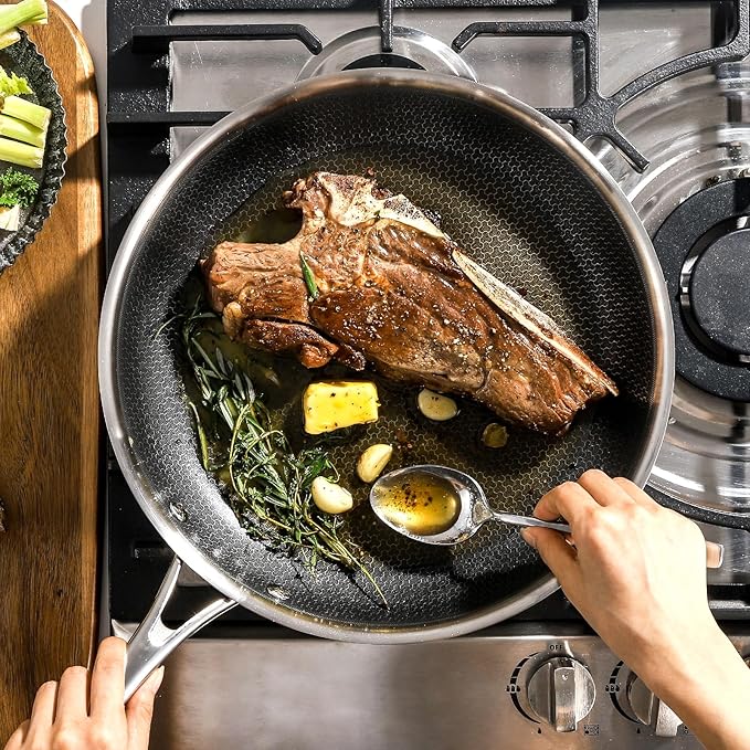 DELUXE Hybrid Ceramic Nonstick 5-Piece Fry Pan Set,8,10,12 Inch Frying Pans with Tempered Glass Lids,Stay-Cool Handles, Dishwasher Safe, Works on All Stovetops (Induction, Gas, Electric)