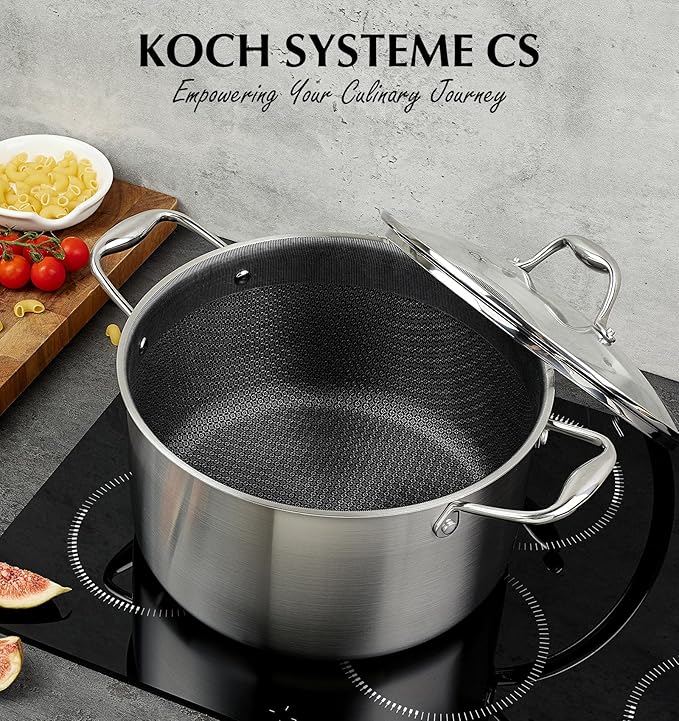 KOCH SYSTEME CS Tri-ply Stainless Steel Stock Pot, 8-Quart Nonstick Hybird 18/10 Stainless Steel Pot with Lid, Soup Pots with Nonstick Honeycomb Interior, Compatible with All Cooktops, Oven Safe