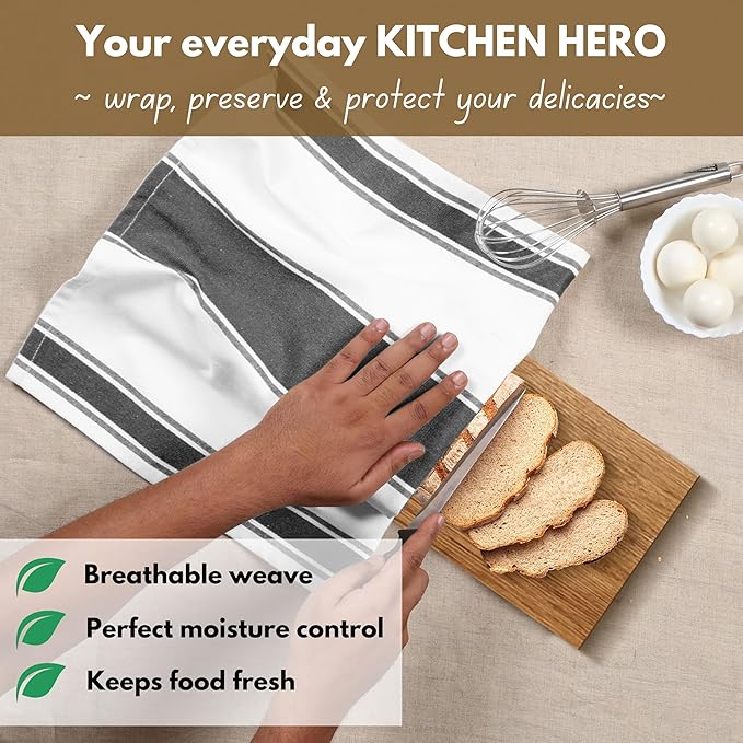 Native Fab Gray Kitchen Dish Towels 18x28 Inch, Set of 4, Wide Stripe, Super Absorbent, Fast Dry, Soft, 100% Cotton Towels for Wiping Hands, Drying Dishes, Cleaning Spills Dish Cloths Set - Grey