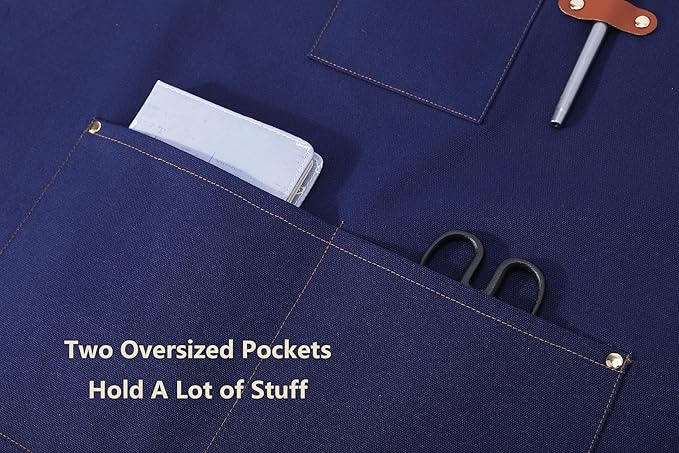 AFUN Chef Aprons for Women Men with Large Pockets, Cotton Canvas Cross Back Water Repellent Work Apron, Size M to XXL (Darkblue)