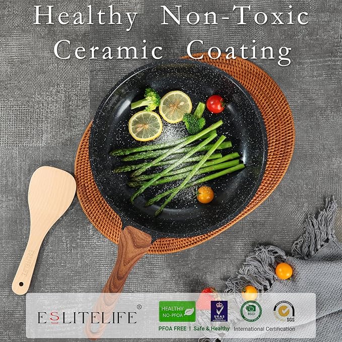 ESLITE LIFE Nonstick Ceramic Frying Pan Skillet, Non-Toxic Egg Omelette Kitchen Cooking Pans Compatible with All Stovetops (Gas, Electric & Induction), PTFE & PFOA Free (Black, 11'')