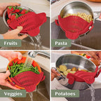 Kitchen Gizmo Snap N Strain Silicone Pot Strainer - Adjustable Clip-On Pasta Strainer for Pots, Pans, and Bowls - Large Red Kitchen Colander
