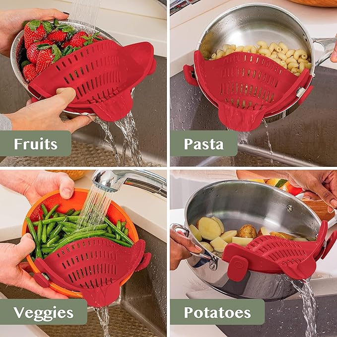 Kitchen Gizmo Snap N Strain Silicone Pot Strainer - Adjustable Clip-On Pasta Strainer for Pots, Pans, and Bowls - Large Red Kitchen Colander