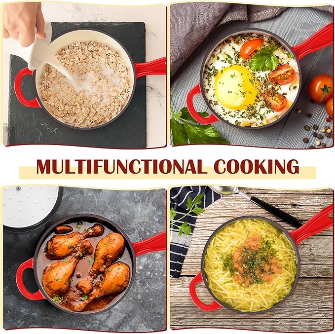 E-far Enameled Cast Iron Sauce Pan, 2 Quart Dutch Oven Saucepan with Lid, Small Sauce Pot for Cooking, Boiling, Healthy & Non Toxic, Induction & Oven Safe, Red