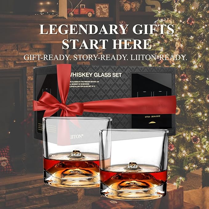 LIITON Mount Fuji Heavy Crystal Whiskey Glasses Gift Set of 2, Thick Freezable Bourbon Glass 1lb Each, Premium Whiskey Gifts for Men, Frozen Crystal Chills Cocktails, 10 oz