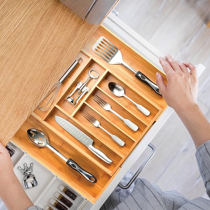 Bamboo Expandable Drawer Organizer for Utensils - Adjustable Cutlery Tray with Dividers for Silverware, Flatware, and Knives in Kitchen, Bedroom, or Living Room Storage