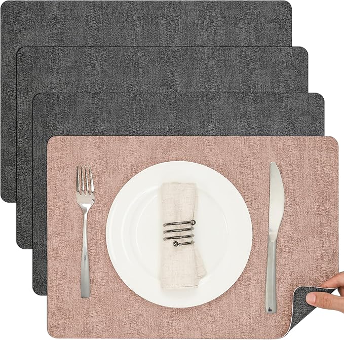Myir JUN Placemats Set of 4, Dual Sided Faux Leather Indoor/Outdoor Mats - Square, Non-Slip, Washable (Gray Pink)