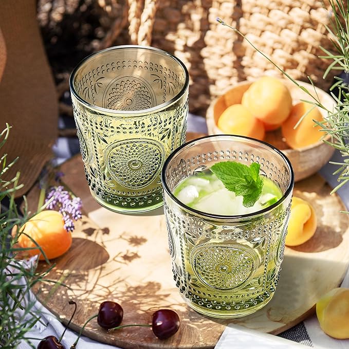 Joeyan Green Vintage Drinking Glasses,Embossed Small Sunflower Water Glass Tumbler,11oz Colored Boho Beaded Glassware for Beverages Juice Whisky Cocktail Beer Wine,Set of 6,Dishwasher Safe