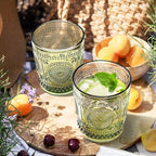 Joeyan Green Vintage Drinking Glasses,Embossed Small Sunflower Water Glass Tumbler,11oz Colored Boho Beaded Glassware for Beverages Juice Whisky Cocktail Beer Wine,Set of 6,Dishwasher Safe