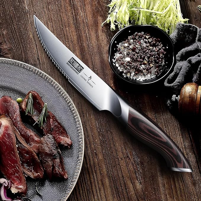 HOSHANHO Steak Knives Set of 6, Ultra Sharp 4.5 Inch Serrated Steak Knife Set, Japanese High Carbon Steel Kitchen Steak Knives with Ergonomic Handle