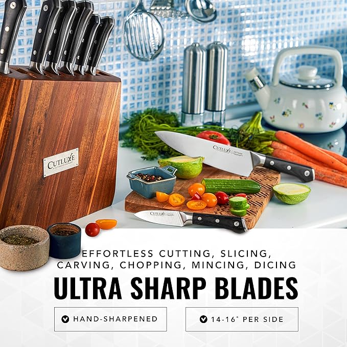Cutluxe Kitchen Knife Set – 8 Pcs Professional Chef Knife Set with Block – Razor Sharp Knives with Full Tang Design, High Carbon German Steel, Natural Acacia Wood Block – Artisan Series