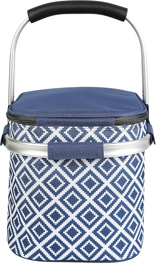ALLCAMP Insulated Cooler Bag Portable Collapsible Picnic Basket Cooler with Sewn in Frame (Medium Rectangle Blue White)