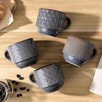 JIEMEI HOME Large Ceramic Coffee Mug Set of 4 with Stand, 15 Oz Stackable Embossment Ribbed Latte Cup Set for Cappuccino, Latte, Tea, Hot Cocoa, Drinks - Dishwasher & Microwave Safe, Dark Purple