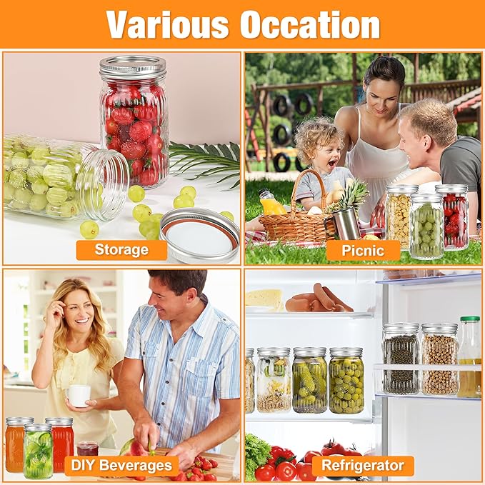 12Pack 32oz Wide Mouth Mason Jars, Glass Mason Jars with Airtight Lids and Bands, Large Canning Jars for Food Storage, Pickling, Meal Prep, DIY Decor, Fruit Print, Safe for Microwave & Dishwasher