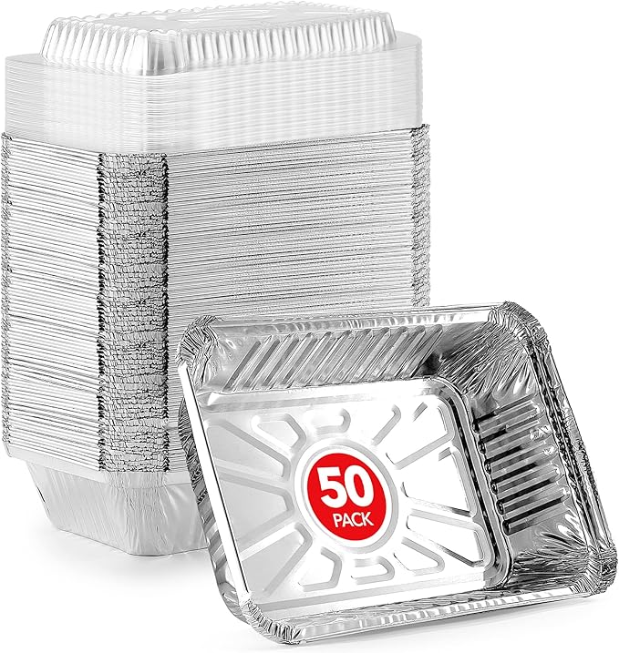 Stock Your Home 2 Lb Small Aluminum Pans with Lids (50 Pack) Foil Pans + Clear Plastic Lids, Disposable Cookware, Takeout Trays with Lids - To Go Disposable Food Containers for Restaurants & Catering