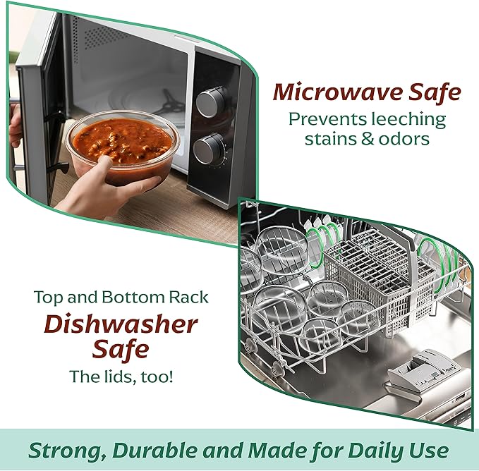 Fusion Gourmet Round Glass Storage Containers with Lids [6 pack] Microwave Safe, Leak-proof, Dishwasher Safe, Oven Safe for Meal Prep Tupperware Set (3 Large + 3 Small, Green)