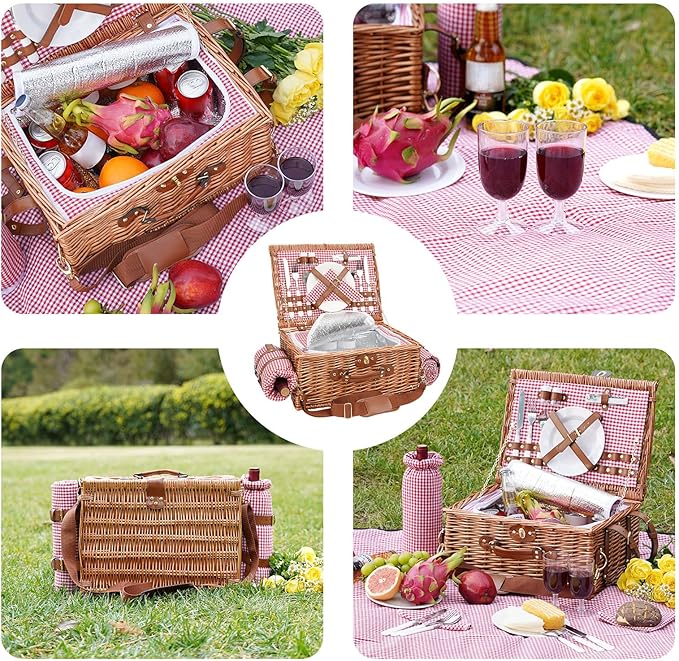 Picnic Basket for 2, Picnic Baskets with Waterproof Blanket, Picnic Hamper Set with Washable Beach Mat & Large Insulated Cooler Compartment, Handmade Natural Wicker Hamper for Camping, Outdoor Party