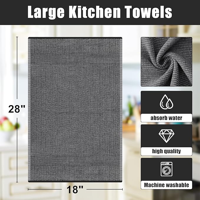 Homaxy Premium Kitchen Towels(18”x 28”, 6 Pack), Large Cotton Kitchen Hand Towels, Flat and Terry Dish Towels, 380 GSM Highly Absorbent Tea Towel Set with Hanging Loop, Black