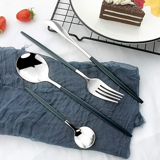 JASHII Flatware Serving Set 24 Piece, Stainless Steel Silverware Set, Green Silver Cutlery Set, Modern Elegant Tableware Set for Party, Christmas, Dinner (Green Silver)