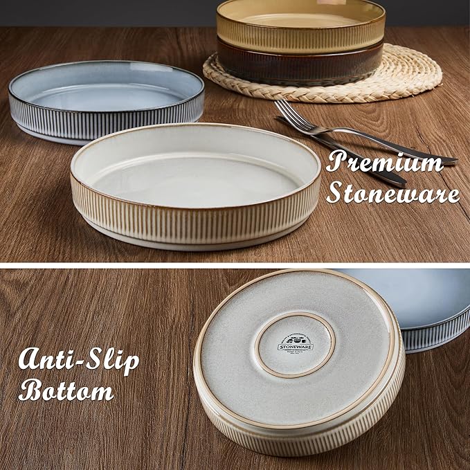 E-far Pasta Bowls Set of 4, 35oz Large Salad Bowl Plate for Dinner Serving Soup, Wide & Shallow Ceramic Stoneware Pasta Plates, Microwave & Dishwasher Safe, Reactive Glaze Textured Stripes, Multicolor