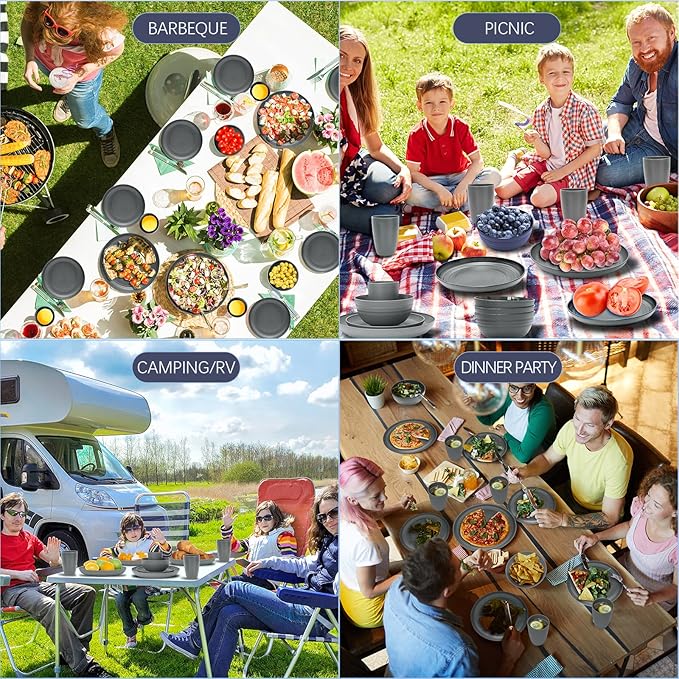 32-Piece Kitchen Plates and Bowls Sets,Lightweight Plastic Dishes Set for 8,Unbreakable Dinnerware Sets,Reusable Plates Set,Dishwasher and Microwave Safe, Dish Sets for Outdoor Camping,RV,Grey