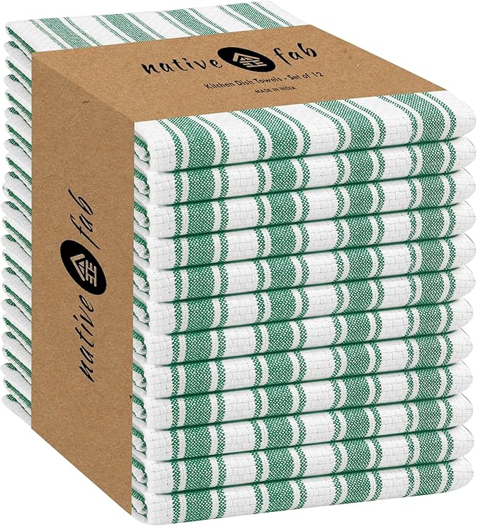 Native Fab Cotton Kitchen Towels - 16x26 inches - Set of 12 - Basket Weave Stripe Dish Towels for Cleaning, Drying Dishes, Absorbent Dish Cloths Set with Hanging Loop - Royal Green