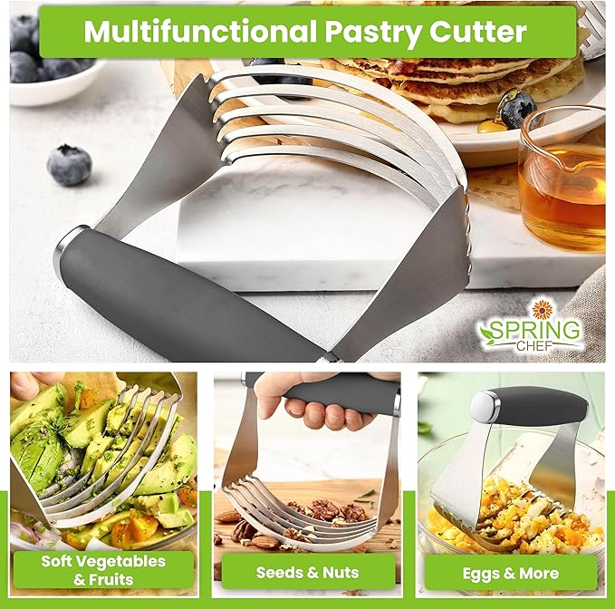 Spring Chef XL Stainless Steel Pastry Cutter Tool for Baking - Heavy Duty Dough Blender - Butter & Dough Cutter Tool with Sharp Blades - Pastry Blender for Easy Mixing - Dishwasher Safe - Gray