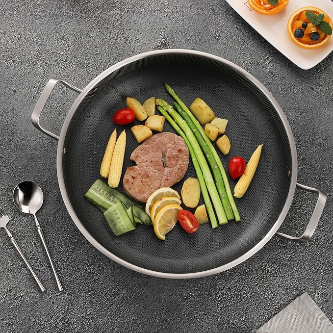 Tri-Ply Stainless Steel Paella Pan,13.5 Inch Nonstick Large Skillet,10 Servings 18/10 Paella Pan with Lid,Jumbo Cooker,Induction Pan,large stainless steel pan for Outdoors,Camping