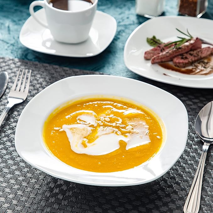 MALACASA 30 Piece Porcelain Dinnerware Set, Grey White Dish Set for 6, Square Ceramic Dishware Sets, Chip and Scratch Resistant Plates and Bowls Sets, Cups and Saucers, Series ELISA