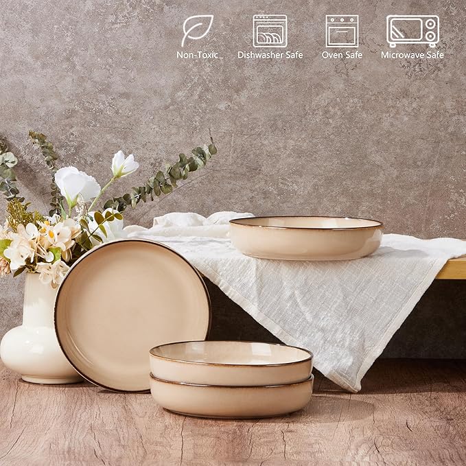 E-far Pasta Bowls Set of 4, 35oz Large Salad Bowls for Serving, Wide and Shallow Ceramic Plates for Kitchen, Double Reactive Glaze, Microwave and Dishwasher Safe, Sandy Beige