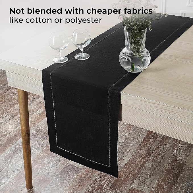 D'Moksha Homes Linen Black Table Runner 90 Inches Long - Classic Hemstitch 100% Pure Linen Dining Table Runner 14 x 90 Inch for Summer, Fall and Halloween