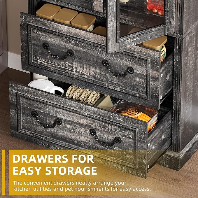 DWVO 76" Storage Cabinets, Freestanding Kitchen Pantry with Adjustable Shelves & Drawers, Farmhouse Glass Display Cabinets Tall Cupboard for Dining Room, Living Room, Dark Rustic
