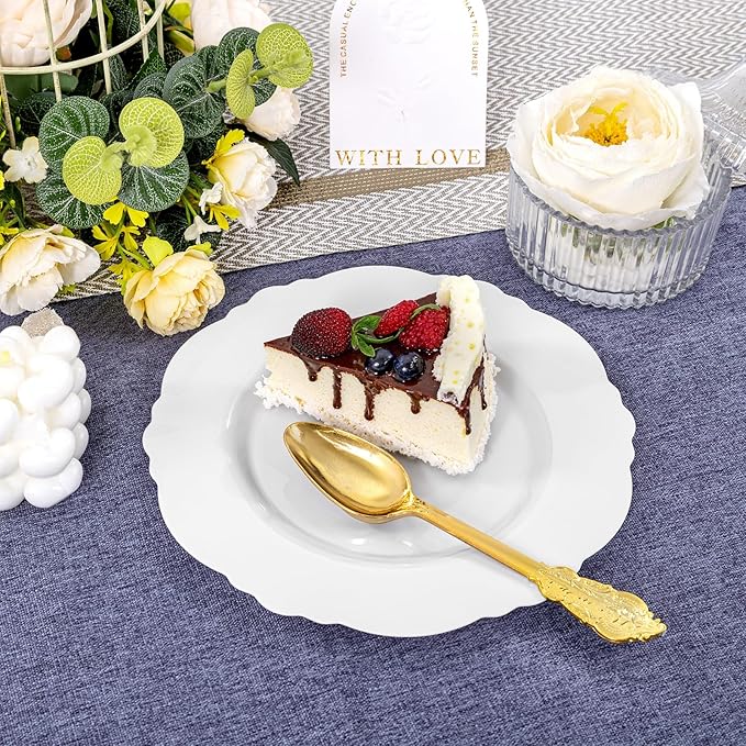WDF 60pcs White Plastic Dessert Plates -7.5inch Baroque White Disposable Appetizer/Small Cake/Salad Plates- for Upscale Parties & Wedding