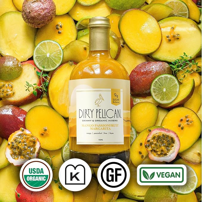 Dirty Pelican Cocktail Mixers - Mango Passionfruit Margarita - Skinny & Organic Drink Mixes for Cocktails - Low Calorie Mocktails - Low Sugar - Vegan - Gluten Free - No Preservatives - 750ml (1 Bottle)