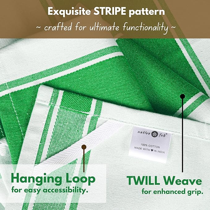Native Fab Green Kitchen Towels 18 x 28 Inch, 4 Pack, Wide Stripe, Super Absorbent, Fast Dry, Soft, Cotton Dish Towels for Wiping Hands, Drying Dishes, Counter Cleaning Dish Cloth Set - Green