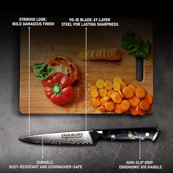 Utility Knife 6 Inch – VG-10 Damascus Stainless Steel, Razor Sharp, Full Tang, Ergonomic G10 Handle – Multipurpose Kitchen Knife for Meat, Vegetables, Fruits – Durable, Dishwasher Safe