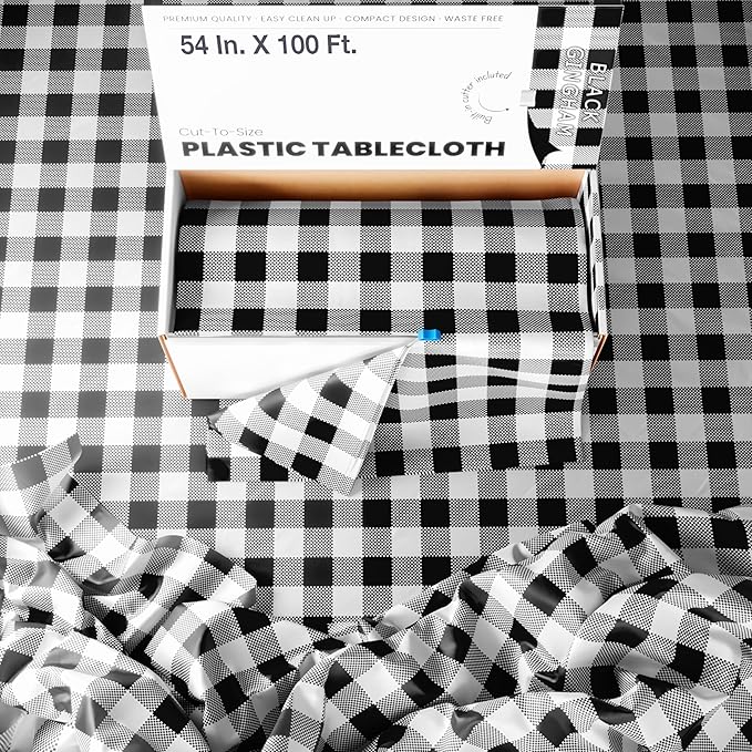 Exquisite Party Solids 54 Inch X 100 Feet Black Gingham Plastic Table Cover Roll in A Cut - to - Size Box with Convenient Slide Cutter. Cuts Up to 12 Rectangle 8 Feet Plastic Disposable Tablecloths
