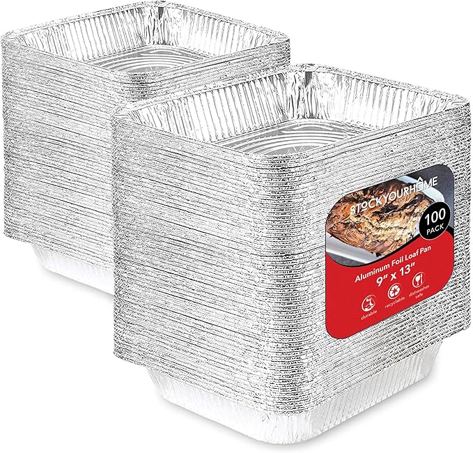 Stock Your Home Aluminum Pans 9x13 Disposable Foil Baking Pans (Pack Of 100) - Half Size Steam Table Deep Pans - Tin Foil Pans Great for Cooking, Heating, Storing, Prepping Food