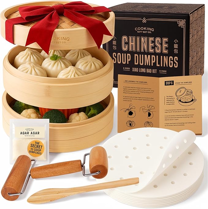 Cooking Gift Set Co. Bamboo Steamer Basket Soup Dumpling Kit - 2 Tier 8-Inch Dumpling Steamer for Cooking with Agar Agar, Roller, Spoon, Liners, Recipes & Step-by-Step Video (6-Piece Set)