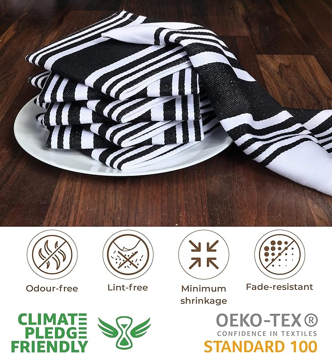 Urban Villa Dish Cloths 100% Cotton Pack of 8, Highly Absorbent Quick Drying Super Soft Premium Dish Towels for Kitchen with Hanging Loop Hand & Tea Towels - 12x12 Inch, (Black & White, Striped)