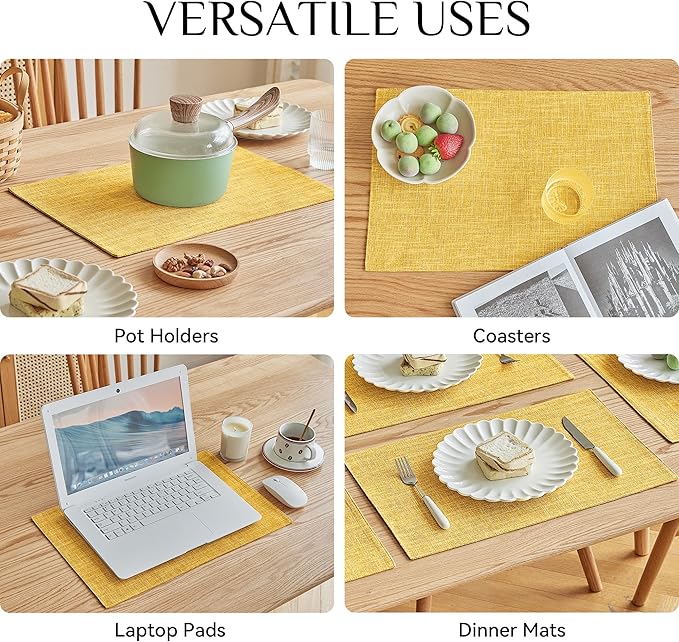 Softalker Faux Linen Placemats Set of 6-12 x 18 Inch, Heat Resistant Double Layered Durable Burlap Farmhouse Place Mats, Non-Slip Washable Rustic Table Mats for Dining, Kitchen, Party（Yellow