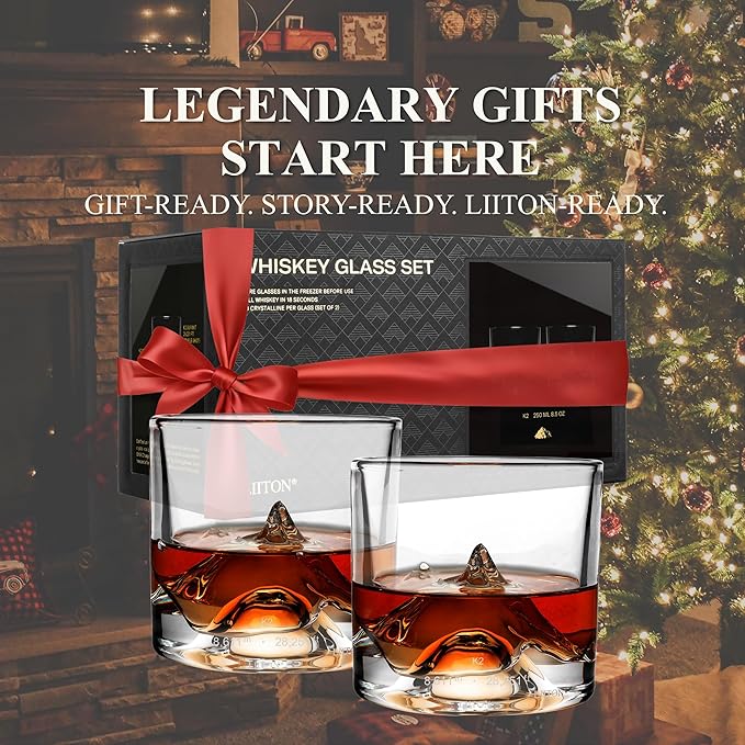 LIITON K2 Nepalese Heavy Crystal Whiskey Glasses Gift Set of 2, Thick Freezable Bourbon Glass 1lb Each, Premium Whiskey Gifts for Men, Frozen Crystal Chills Cocktails, 10 oz