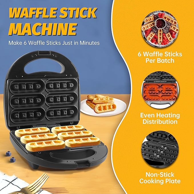 Waffle Stick Maker, Mini Waffle Maker Iron, Makes 6 Waffle Sticks, Ideal for Breakfast, Snacks, Desserts and More