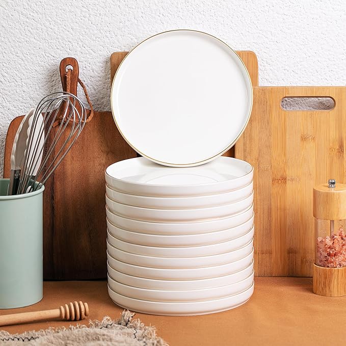 Brew To A Tea White Dessert Plates, Set of 12, 8" Round, Classic Style, Porcelain Construction, Dessert Plates