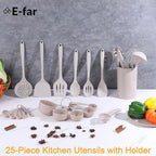 E-far Silicone Cooking Utensils Set, 25 Piece Kitchen Utensils with Holder, Non Toxic Kitchen Tools Spatula, Turner, Spoon, Ladle, Heat Resistant & Dishwasher Safe - Khaki