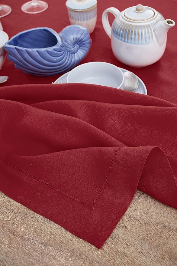 Solino Home Linen Tablecloth 60 x 120 Inch - Classic Hemstitch 100% Pure Linen Red Table Cloth for Rectangle Tables - Machine Washable Tablecloth for Summer
